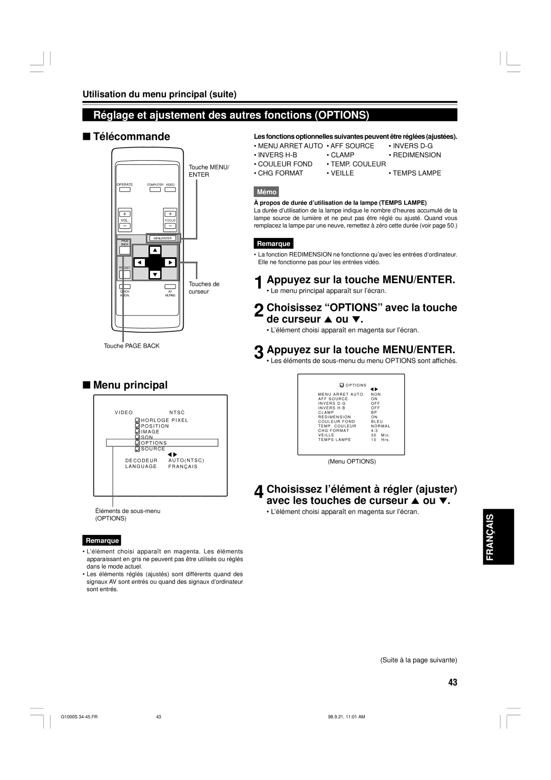 JVC G1000S manual Réglage et ajustement des autres fonctions Options, Choisissez Options avec la touche de curseur 5 ou 