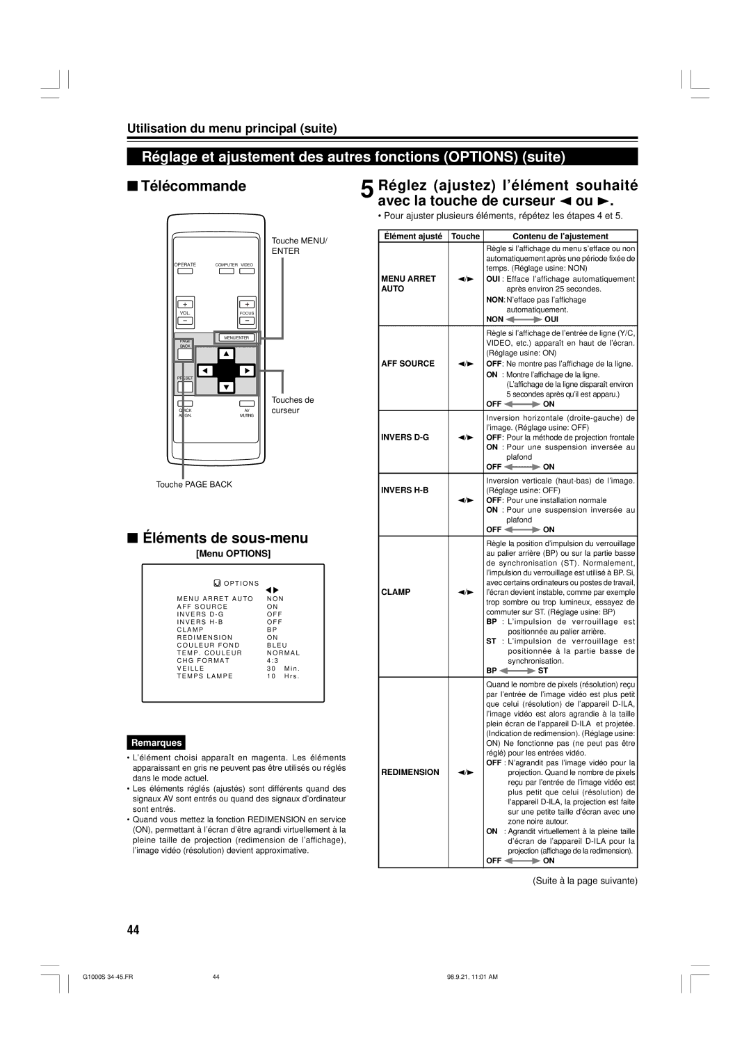 JVC G1000S manual Réglage et ajustement des autres fonctions Options suite, Menu Options 