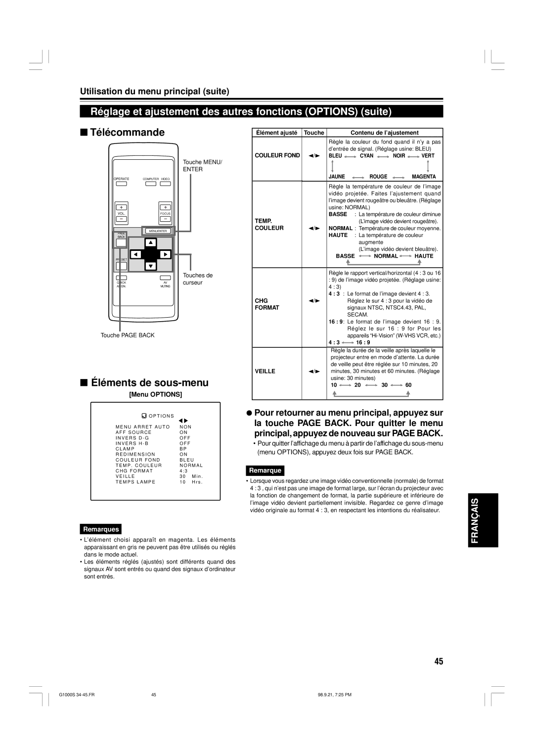 JVC G1000S manual Élément ajusté Touche, Couleur Fond 