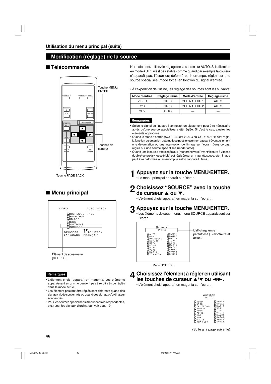 JVC G1000S manual Modification réglage de la source, Choisissez Source avec la touche de curseur 5 ou 