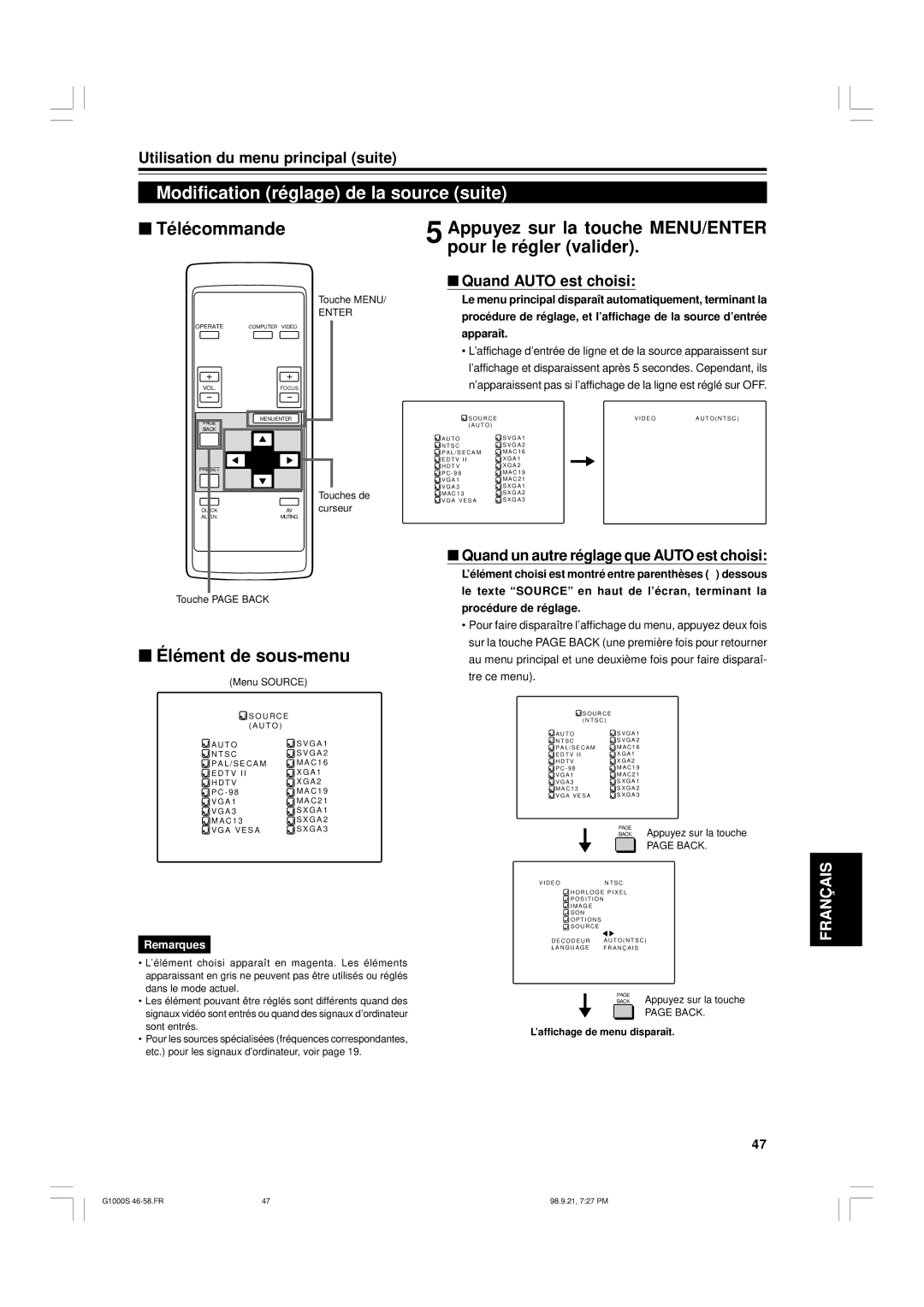 JVC G1000S manual Modification réglage de la source suite, Appuyez sur la touche MENU/ENTER pour le régler valider 