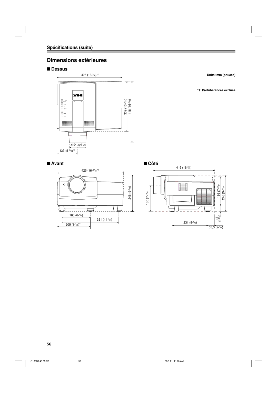 JVC G1000S manual Dimensions extérieures, Dessus, Avant, Côté, Unité mm pouces Protubérances exclues 