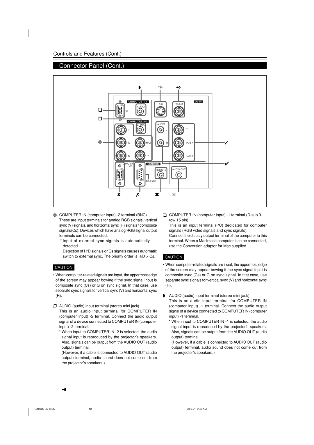 JVC G1000S manual Audio audio input terminal stereo mini jack, Computer in computer input -1 terminal D-sub 3- row 15 pin 