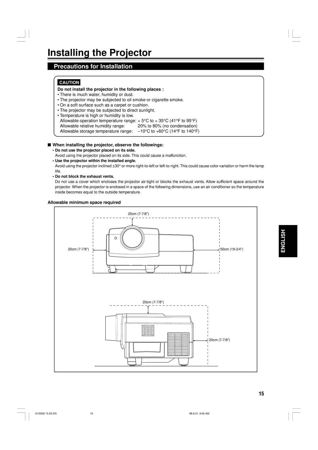 JVC G1000S Installing the Projector, Precautions for Installation, Do not install the projector in the following places 