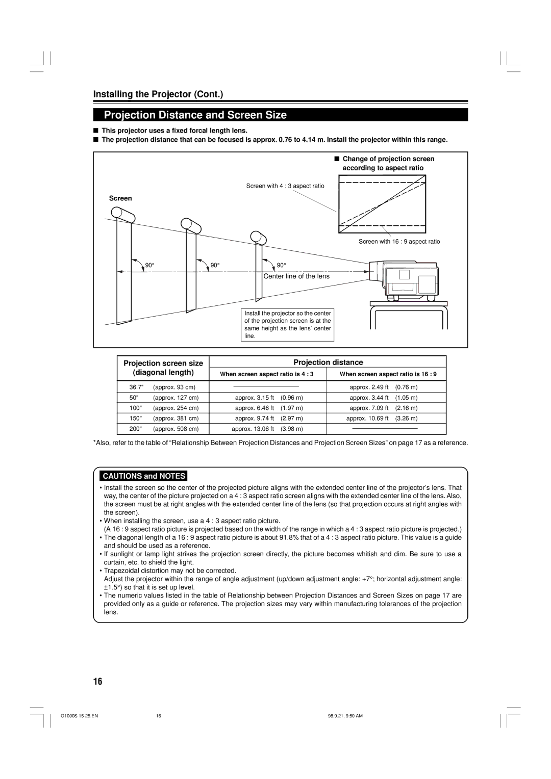 JVC G1000S manual Projection Distance and Screen Size, Projection screen size Projection distance Diagonal length 