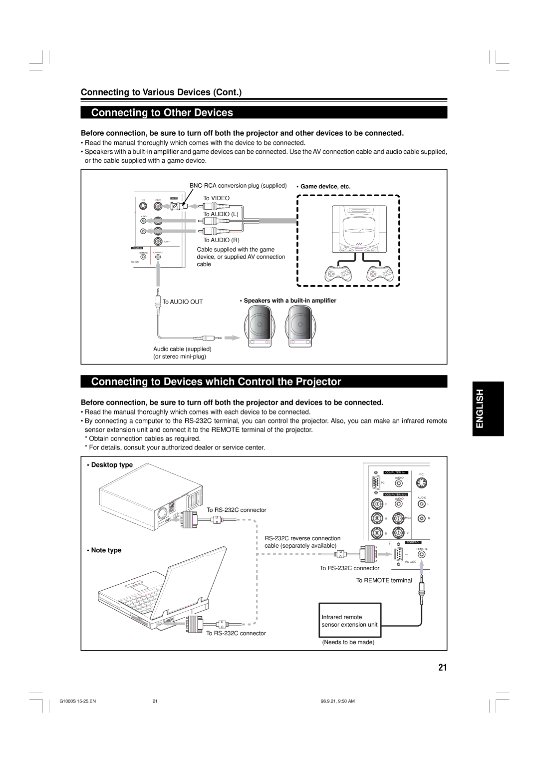 JVC G1000S Connecting to Other Devices, Connecting to Devices which Control the Projector, Desktop type, To Audio OUT 