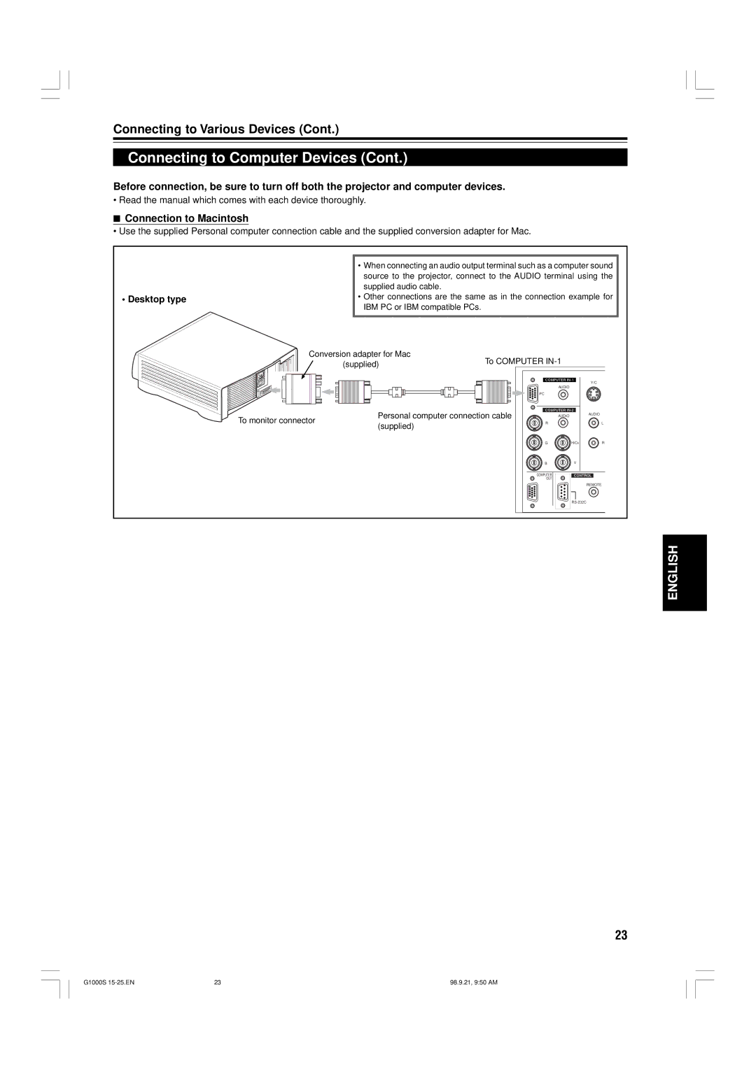 JVC G1000S manual Connection to Macintosh, To monitor connector Personal computer connection cable 