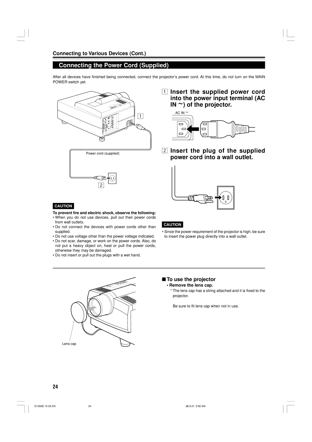 JVC G1000S manual Connecting the Power Cord Supplied, To use the projector, Remove the lens cap 