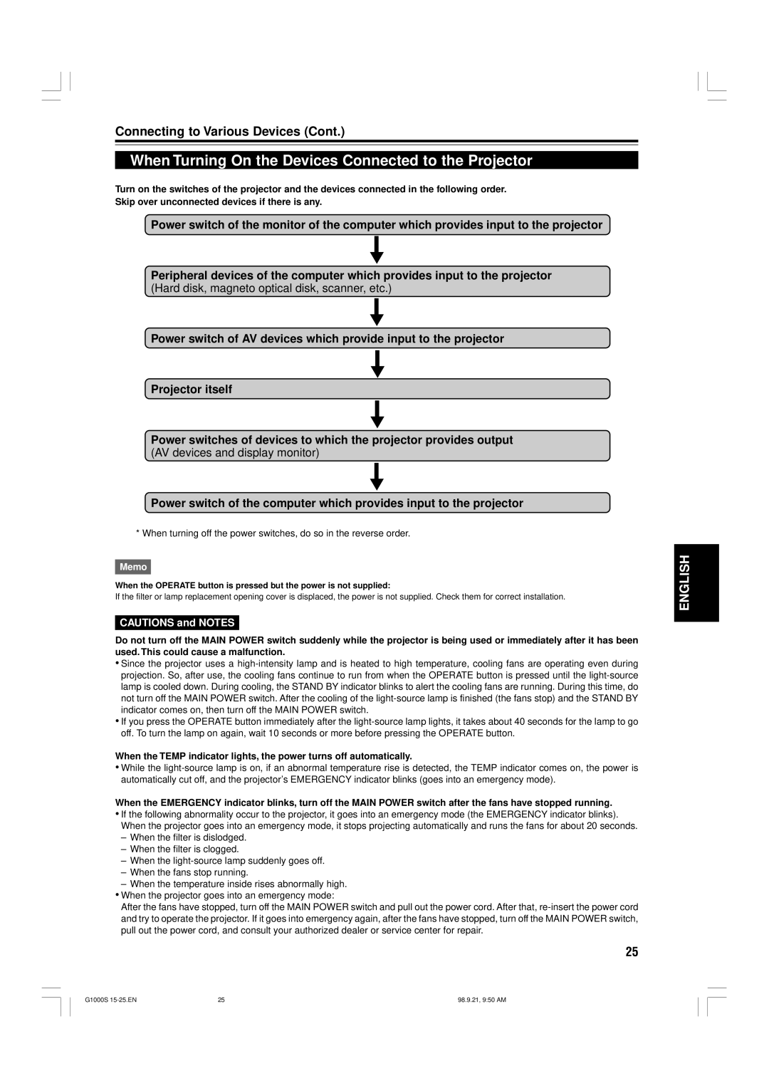 JVC G1000S manual When Turning On the Devices Connected to the Projector 