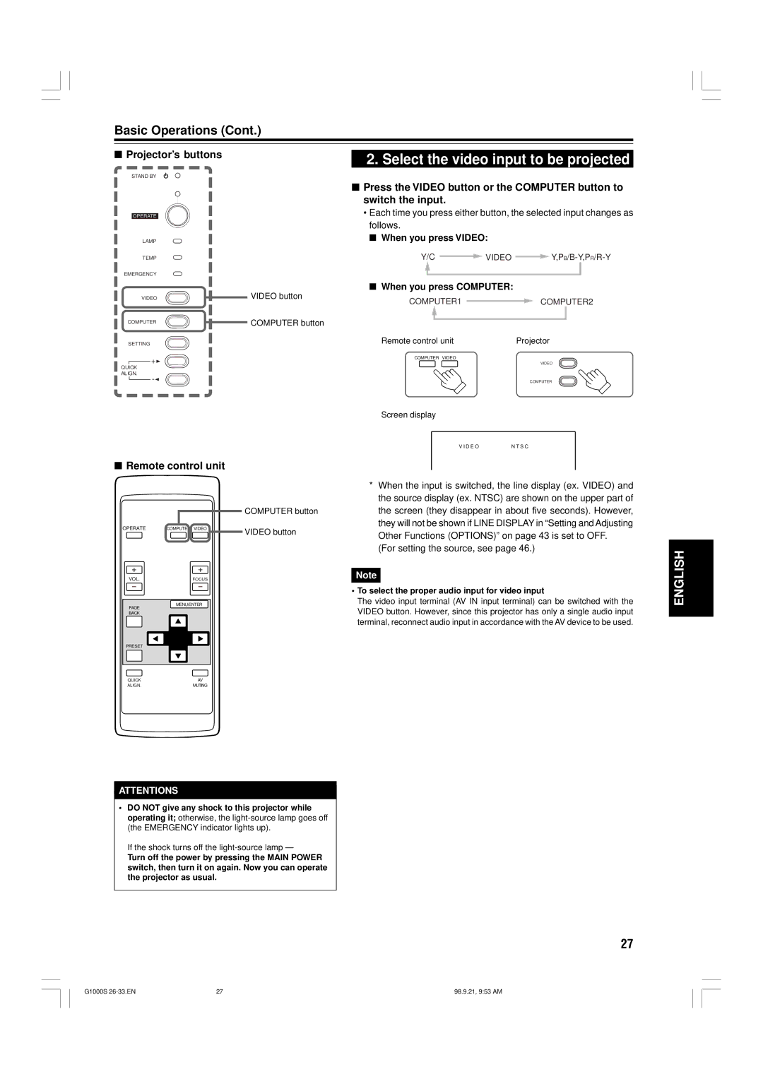 JVC G1000S manual When you press Video, When you press Computer, For setting the source, see 