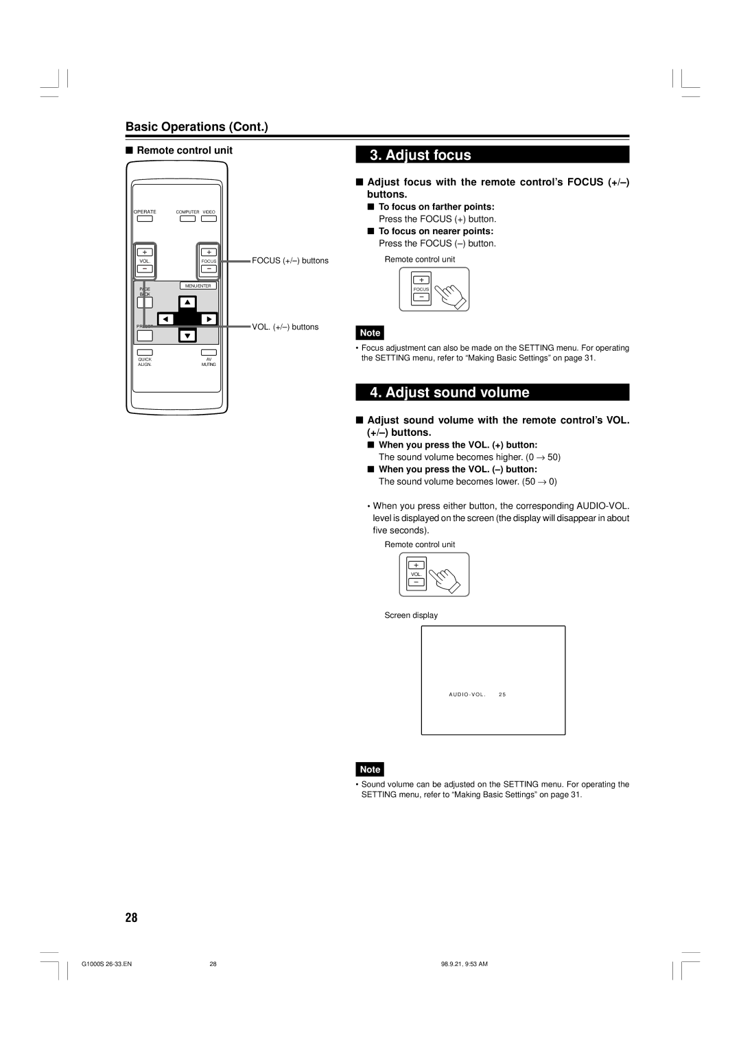 JVC G1000S manual Adjust sound volume, Adjust focus with the remote control’s Focus +, Buttons 