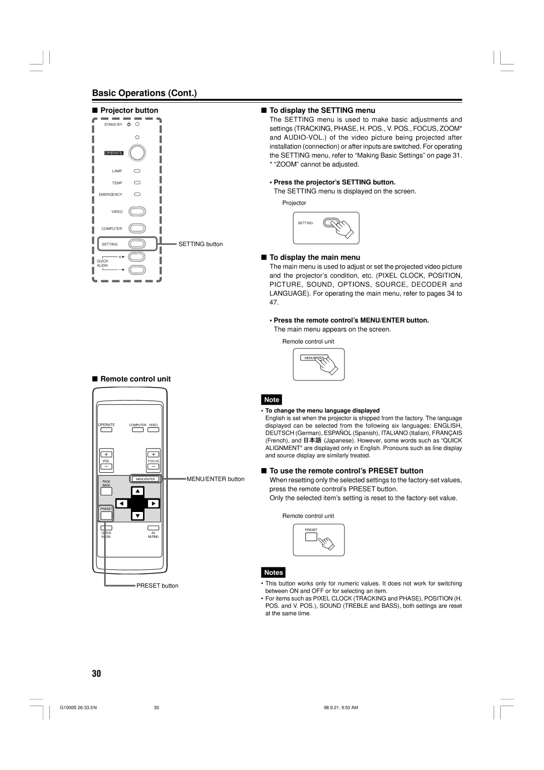 JVC G1000S manual Projector button, Remote control unit To display the Setting menu, To display the main menu 