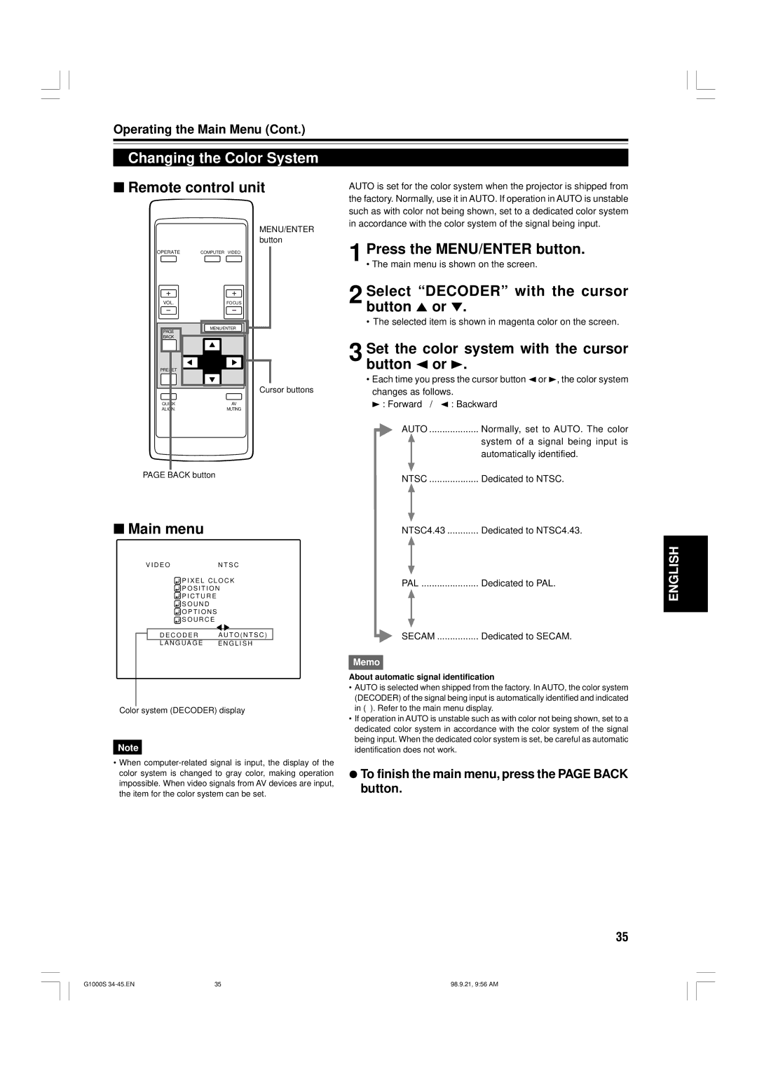 JVC G1000S manual Changing the Color System, Select Decoder with the cursor button 5 or 