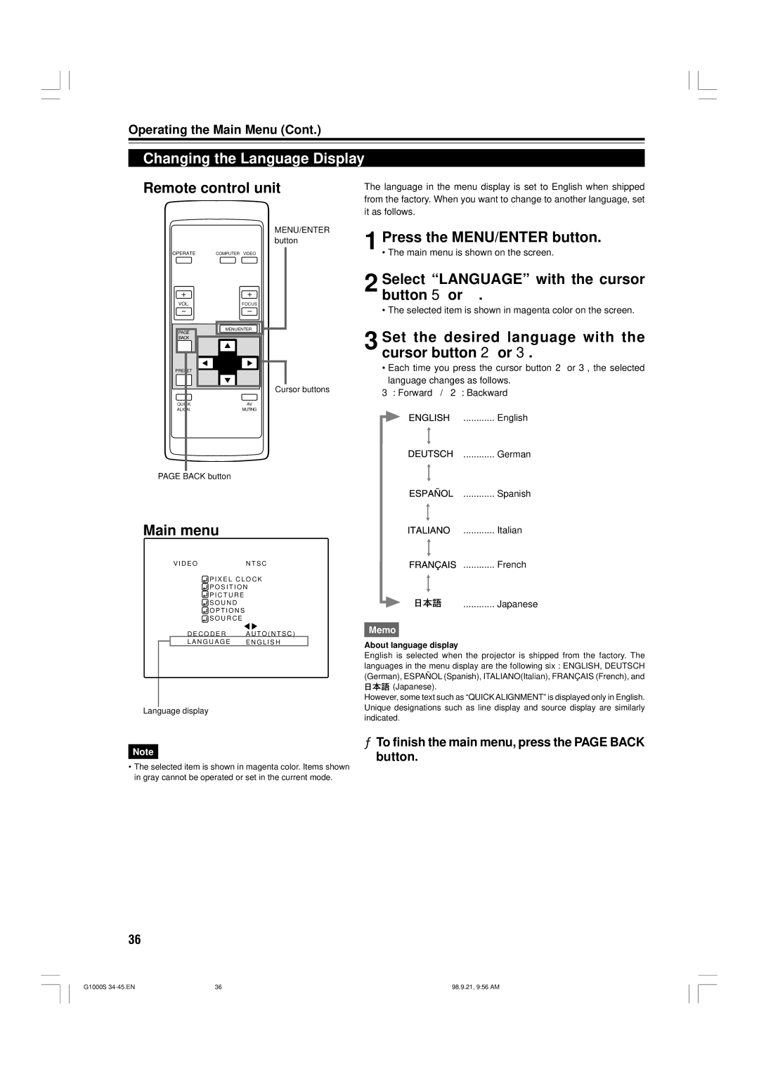 JVC G1000S manual Changing the Language Display, Set the desired language with the cursor button 2 or, Language display 