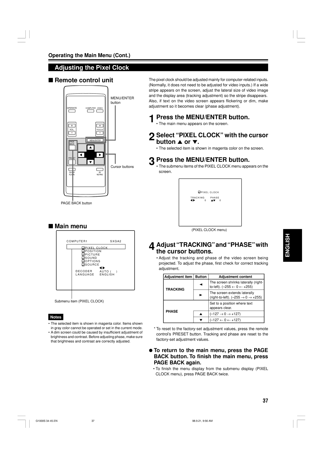 JVC G1000S manual Adjusting the Pixel Clock, Button 5 or, Adjust Tracking and Phase with the cursor buttons 