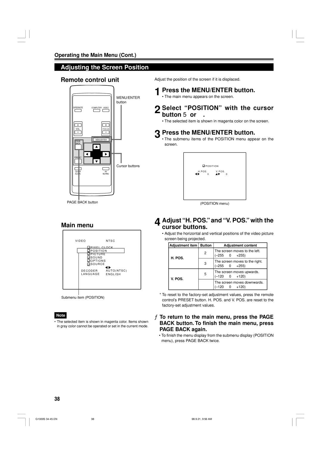 JVC G1000S manual Adjusting the Screen Position, Select Position with the cursor button 5 or 