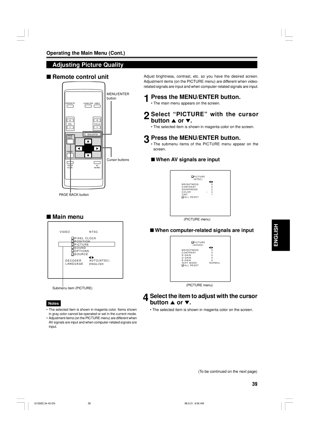 JVC G1000S manual Adjusting Picture Quality, Select Picture with the cursor button 5 or, When AV signals are input 