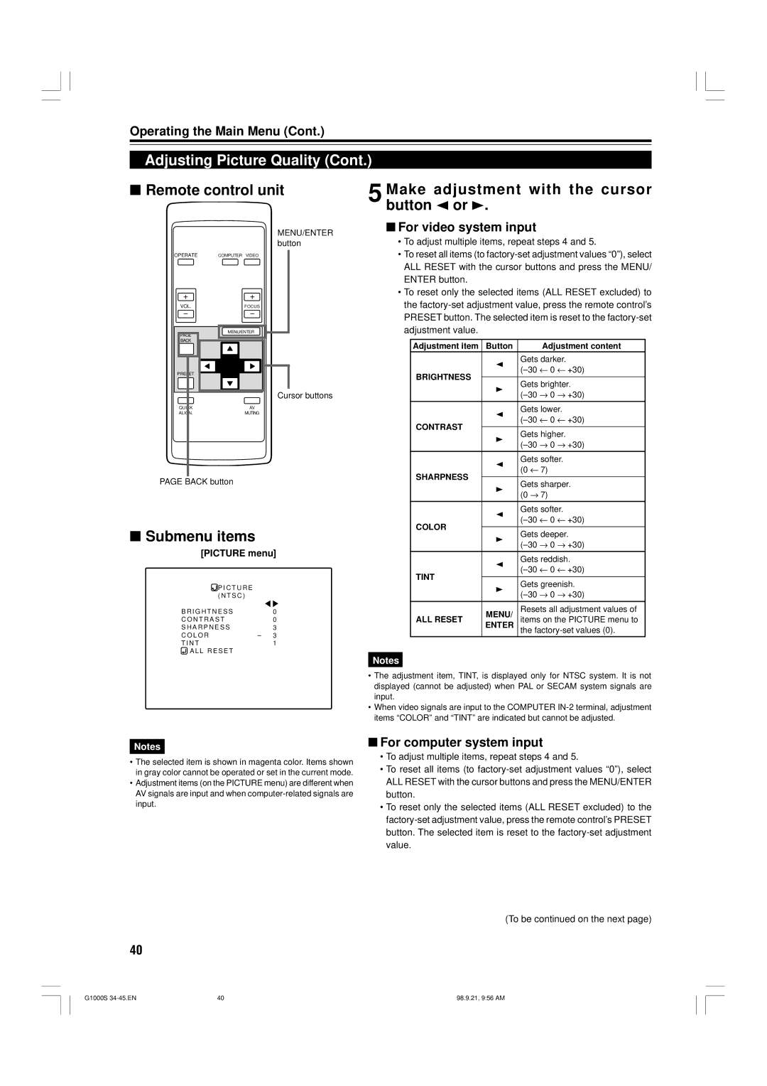 JVC G1000S manual Submenu items, For video system input, For computer system input, Picture menu 