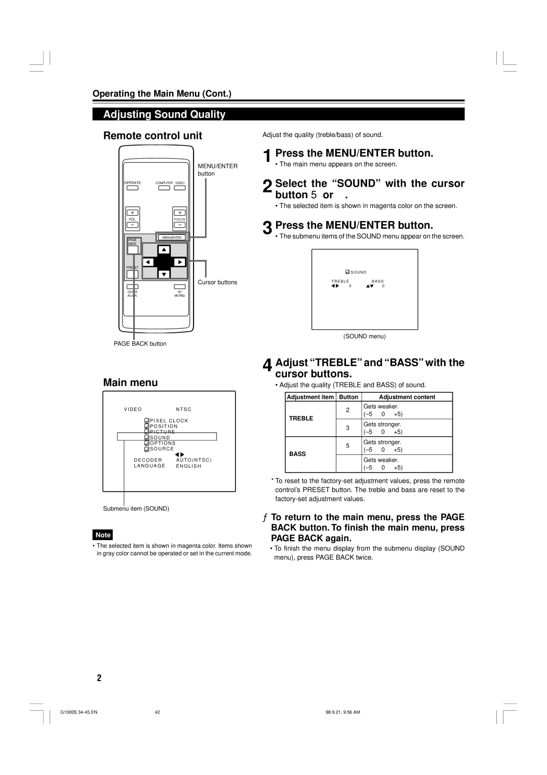 JVC G1000S manual Adjusting Sound Quality, Select the Sound with the cursor button 5 or 