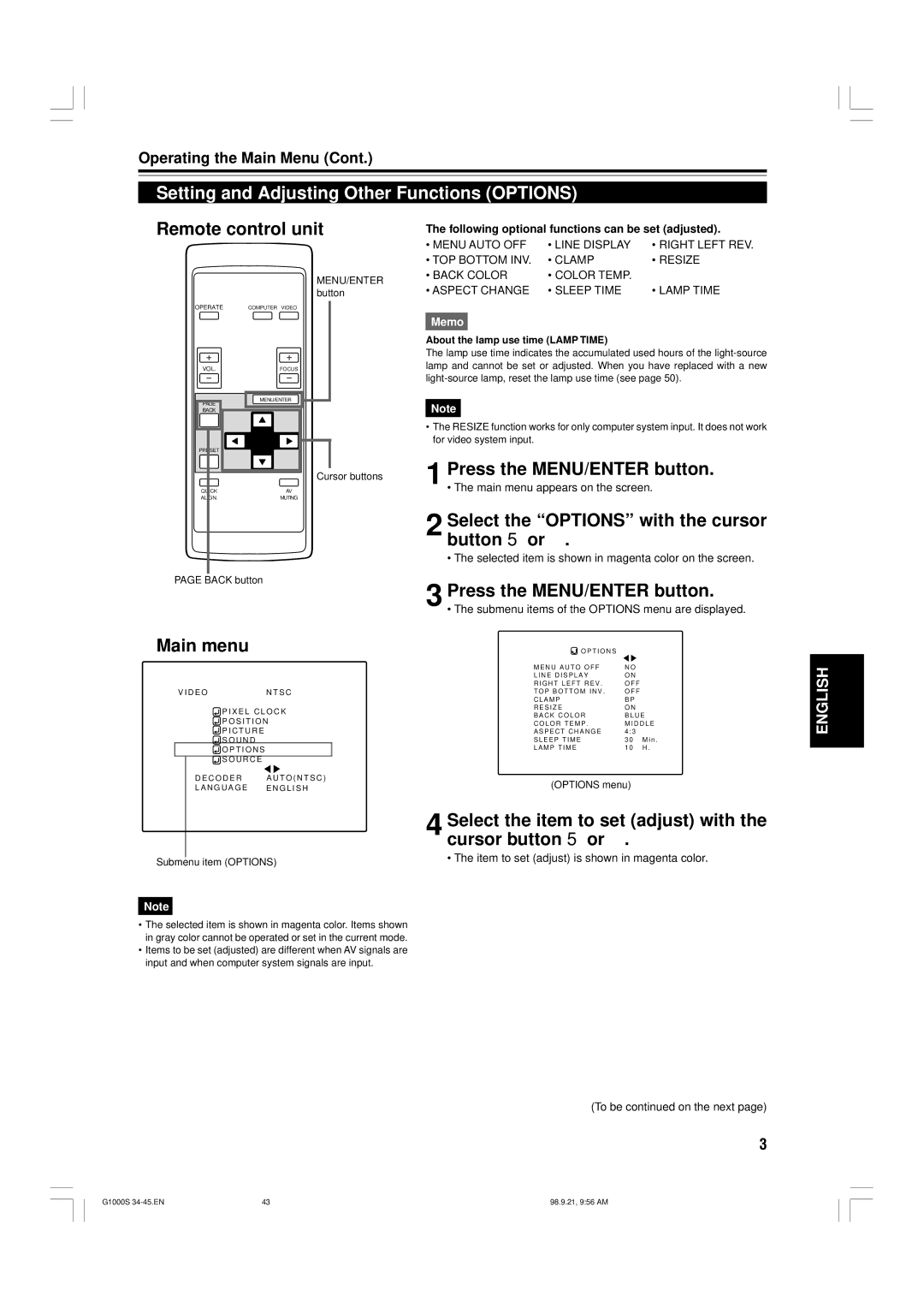 JVC G1000S manual Setting and Adjusting Other Functions Options, Select the Options with the cursor button 5 or 