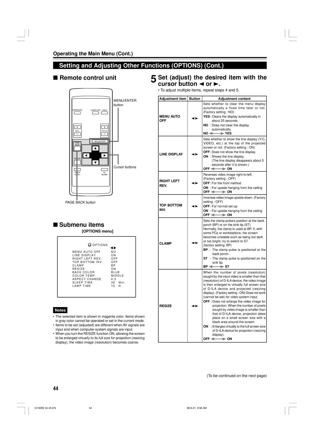 JVC G1000S manual Set adjust the desired item with the cursor button 2 or, Options menu 