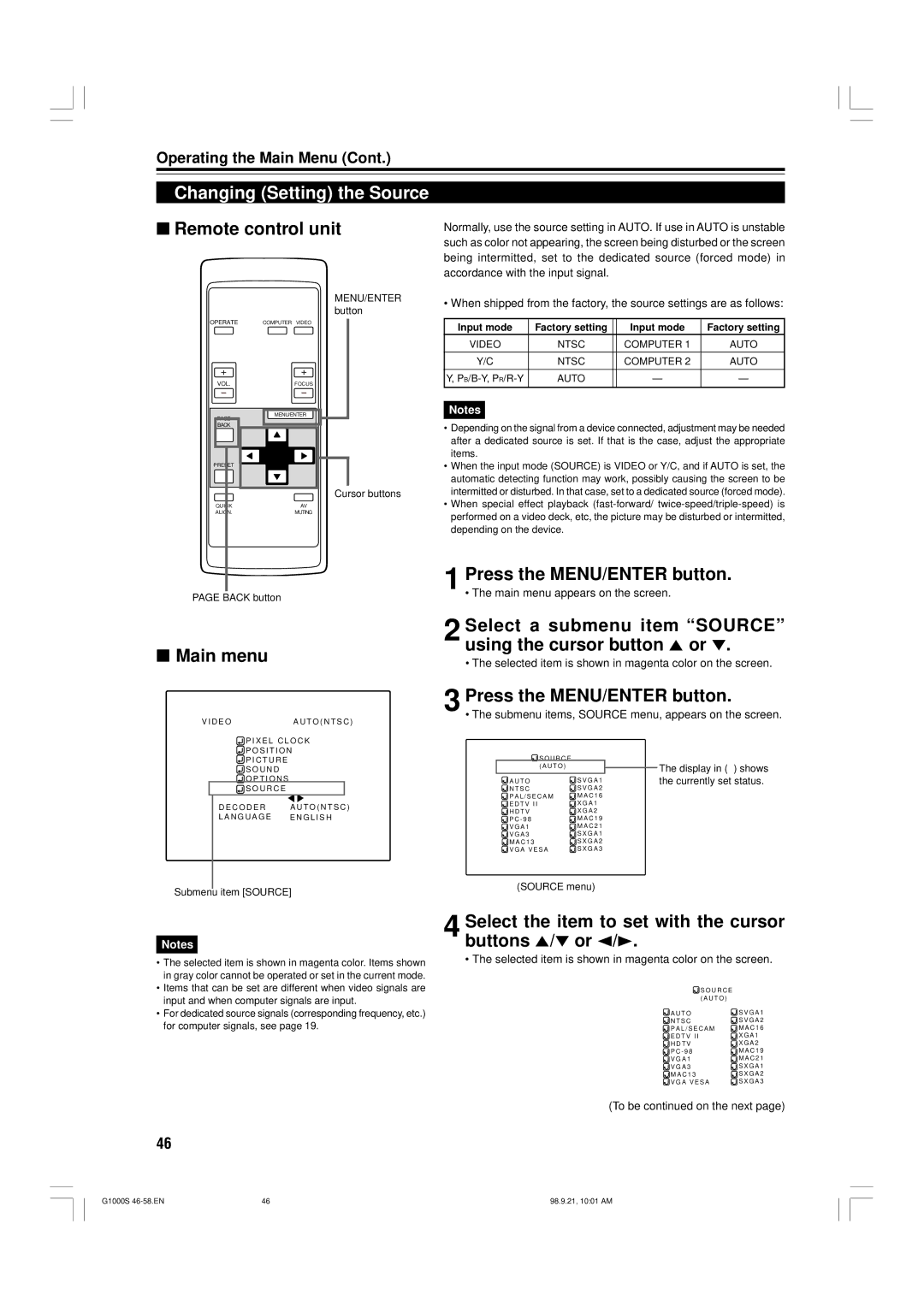 JVC G1000S manual Changing Setting the Source, Select a submenu item Source using the cursor button 5 or 