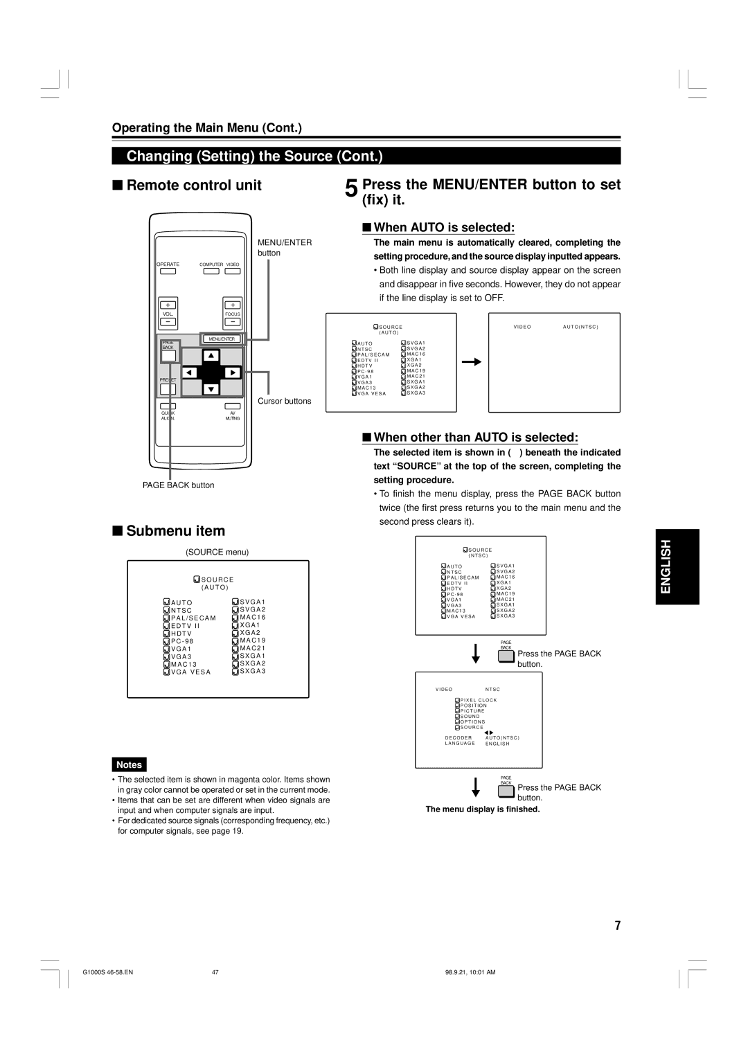 JVC G1000S manual Press the MENU/ENTER button to set fix it, Submenu item, When Auto is selected 