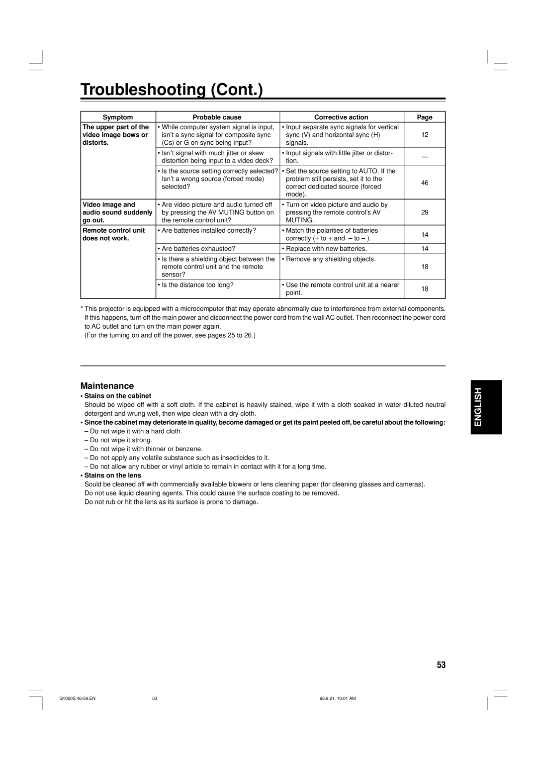 JVC G1000S manual Maintenance 