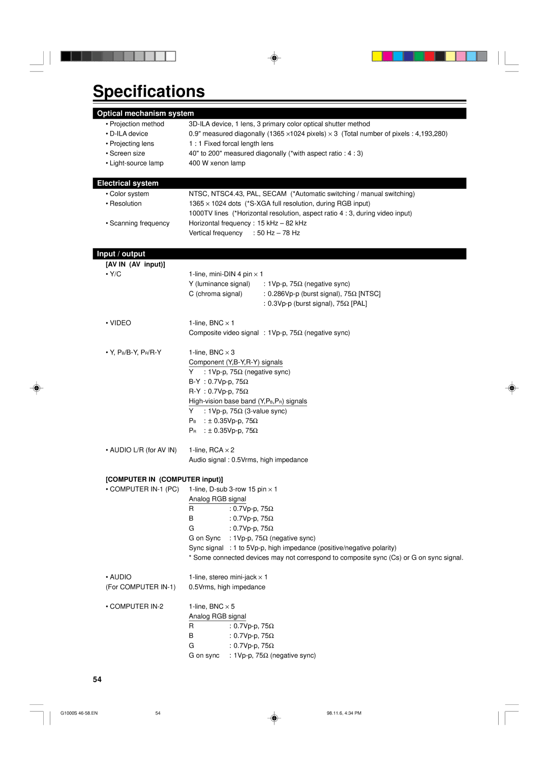 JVC G1000S manual Specifications, AV in AV input, Computer in Computer input 