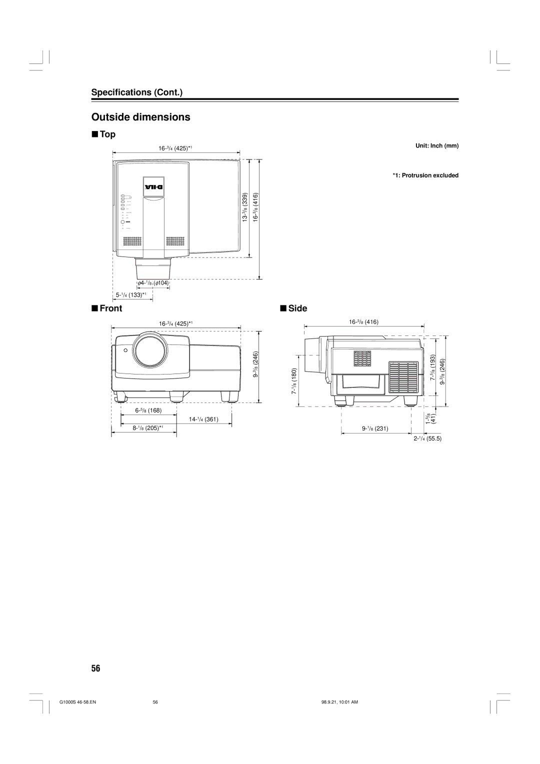 JVC G1000S manual Outside dimensions, Top, Front, Side, Unit Inch mm Protrusion excluded 