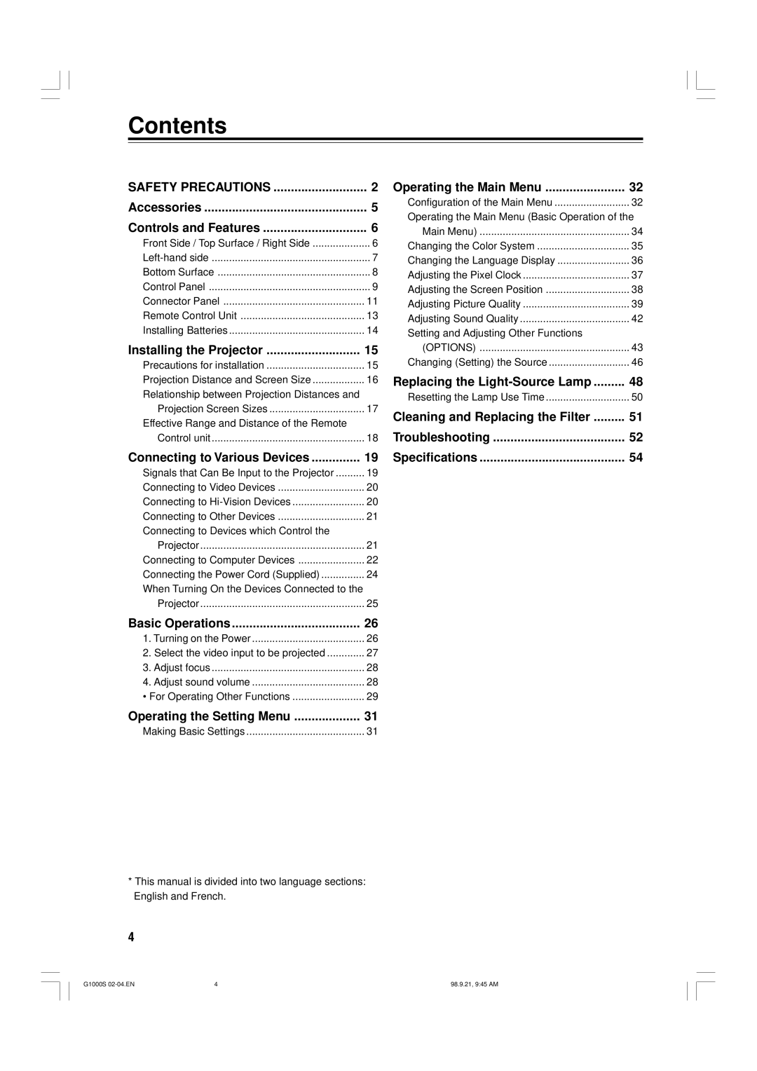 JVC G1000S manual Contents 