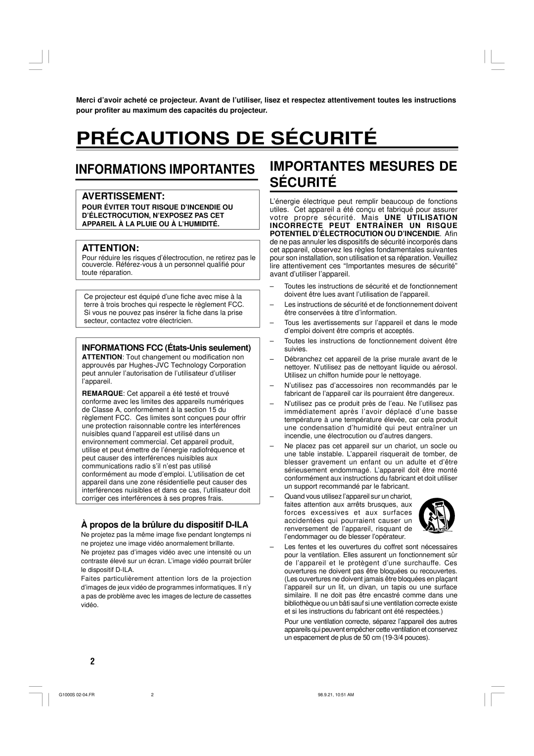 JVC G1000S manual Précautions DE Sécurité, Propos de la brûlure du dispositif D-ILA 