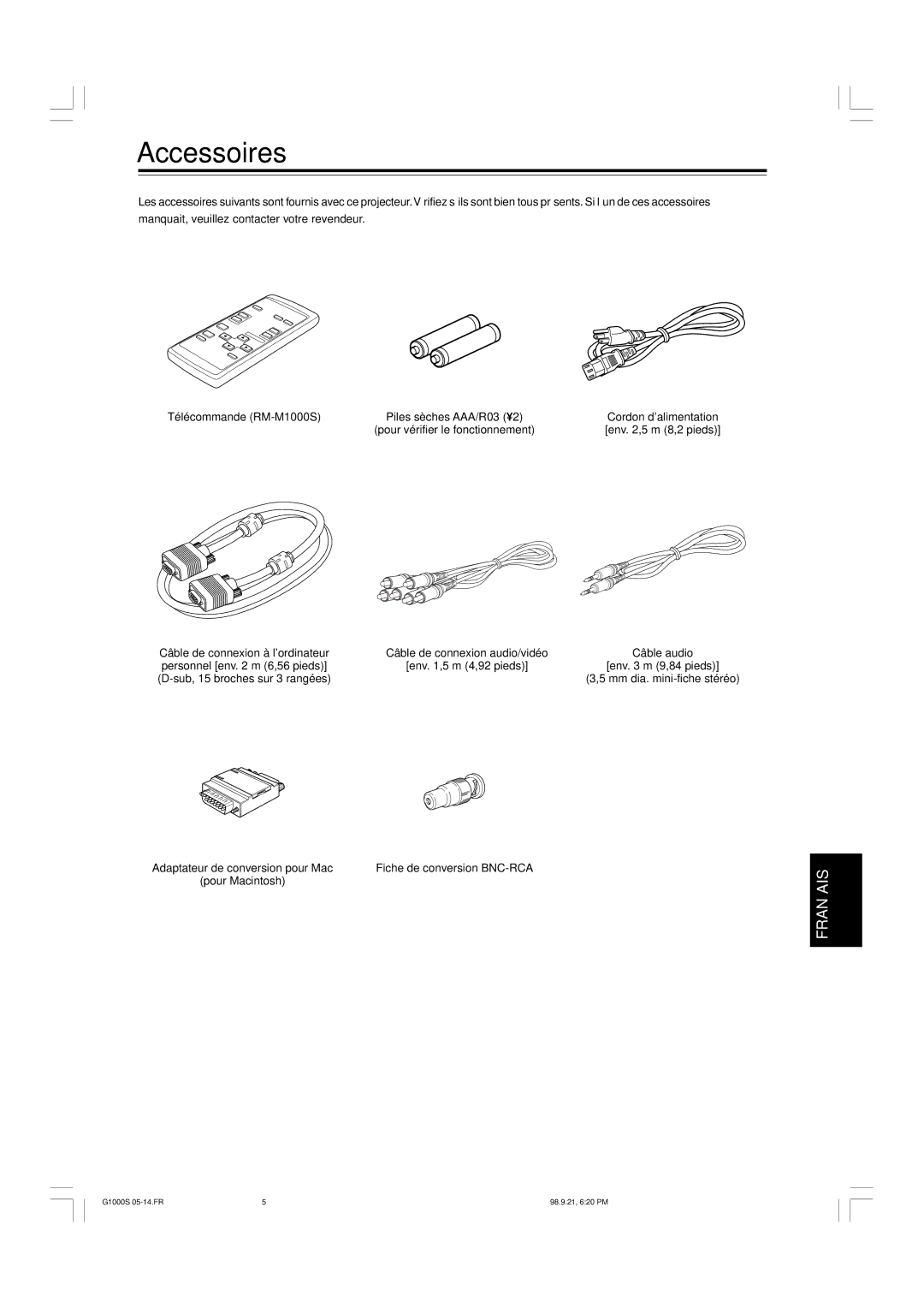 JVC G1000S manual Accessoires, Télécommande RM-M1000S 