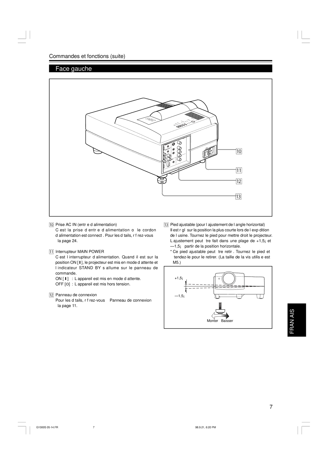 JVC G1000S manual Face gauche, Commandes et fonctions suite, Prise AC in entrée d’alimentation, Interrupteur Main Power 