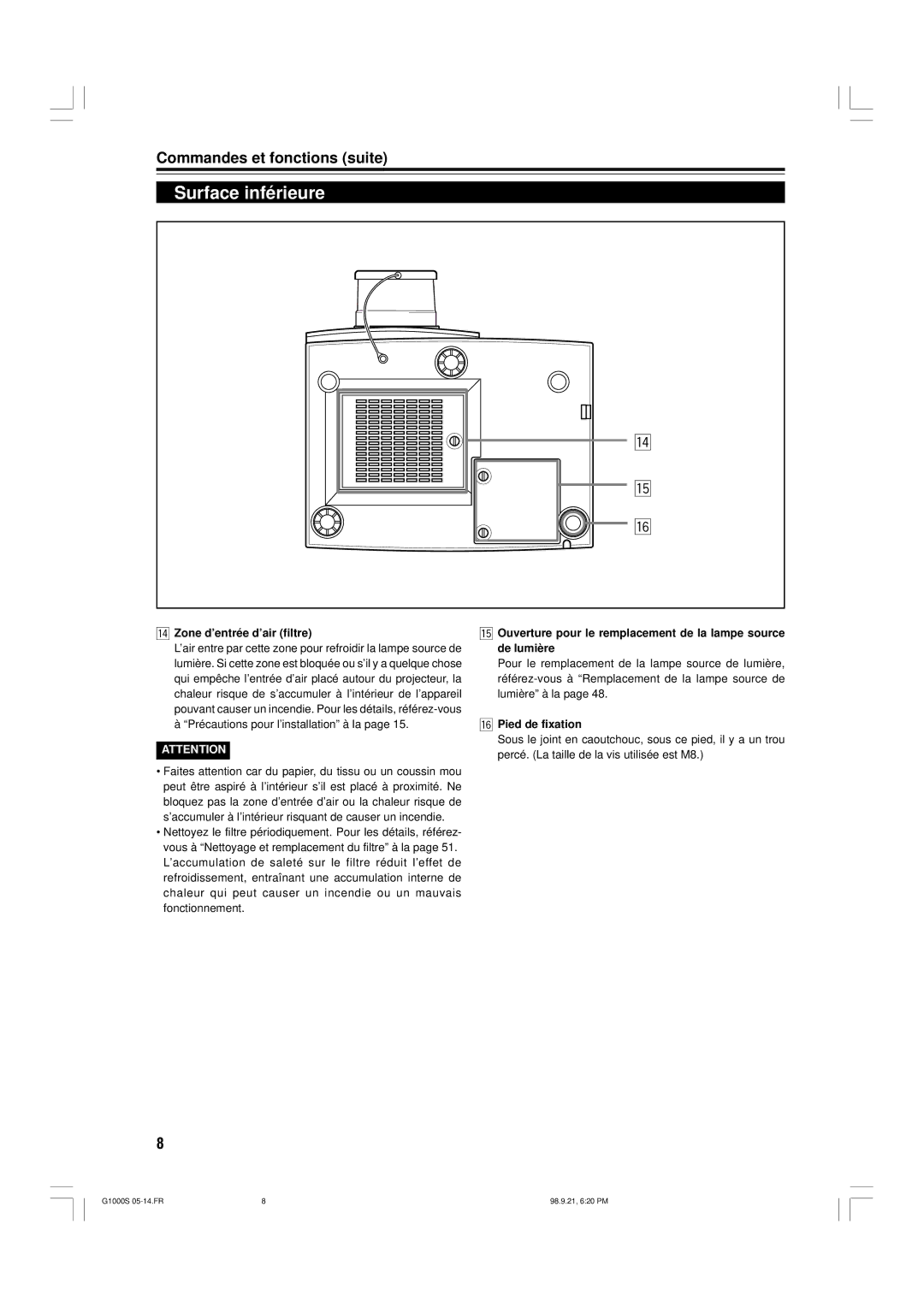 JVC G1000S manual Surface inférieure, Zone d’entrée d’air filtre, Pied de fixation 