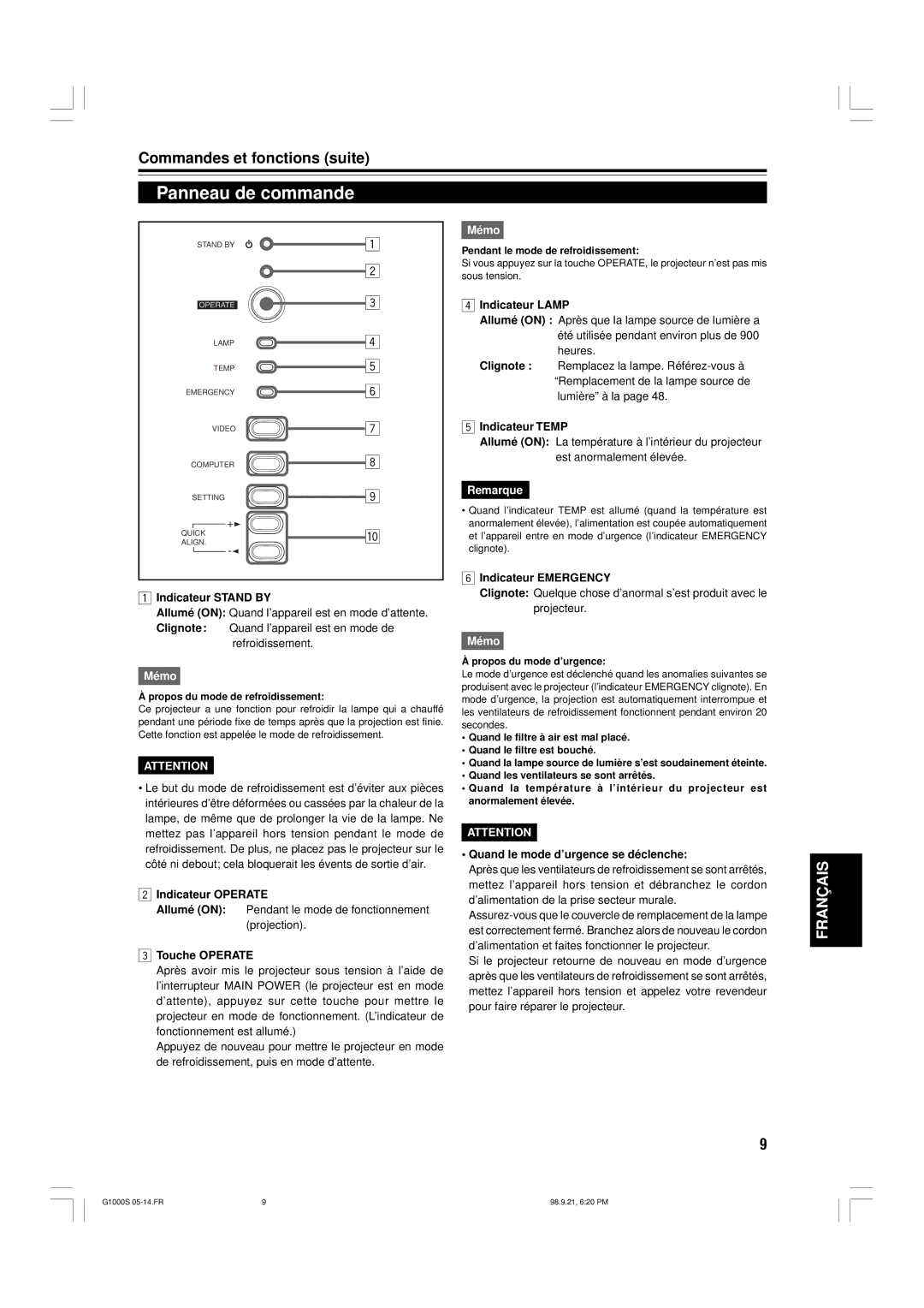 JVC G1000S manual Panneau de commande 