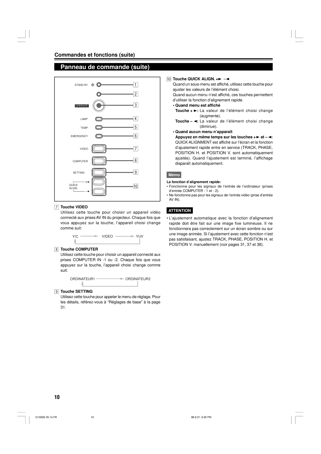 JVC G1000S manual Panneau de commande suite 