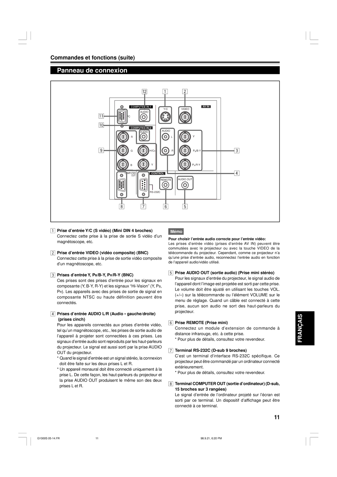 JVC G1000S manual Panneau de connexion, Prises d’entrée Audio L/R Audio gauche/droite prises cinch 