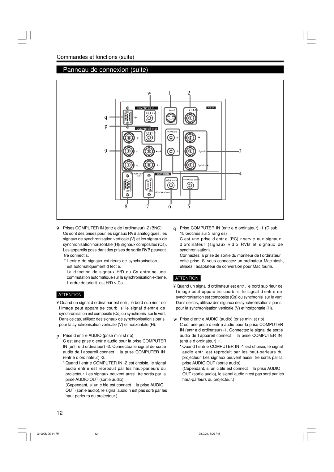 JVC G1000S manual Panneau de connexion suite, Prise d’entrée Audio prise mini stéréo 