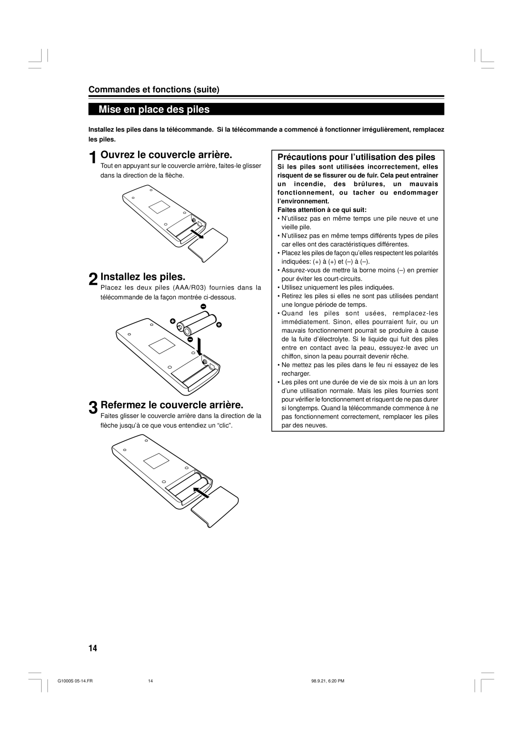 JVC G1000S manual Mise en place des piles, Ouvrez le couvercle arrière, Installez les piles, Refermez le couvercle arrière 