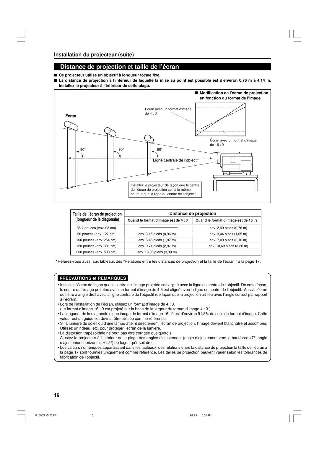 JVC G1000S Distance de projection et taille de l’écran, Installation du projecteur suite, Ligne centrale de l’objectif 