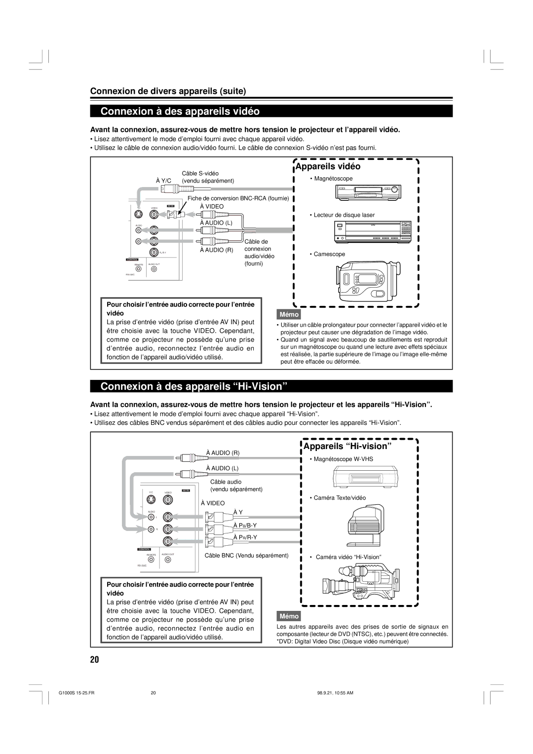 JVC G1000S manual Connexion à des appareils vidéo, Connexion à des appareils Hi-Vision, Connexion de divers appareils suite 