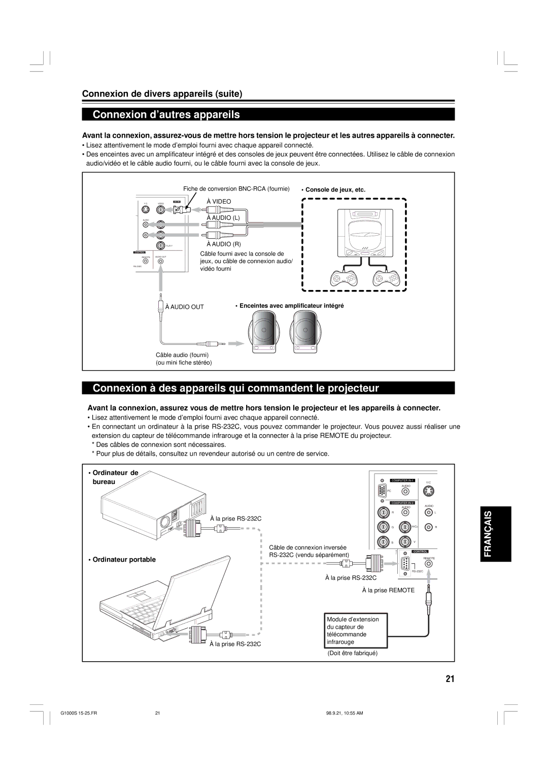 JVC G1000S Connexion d’autres appareils, Connexion à des appareils qui commandent le projecteur, Ordinateur de Bureau 