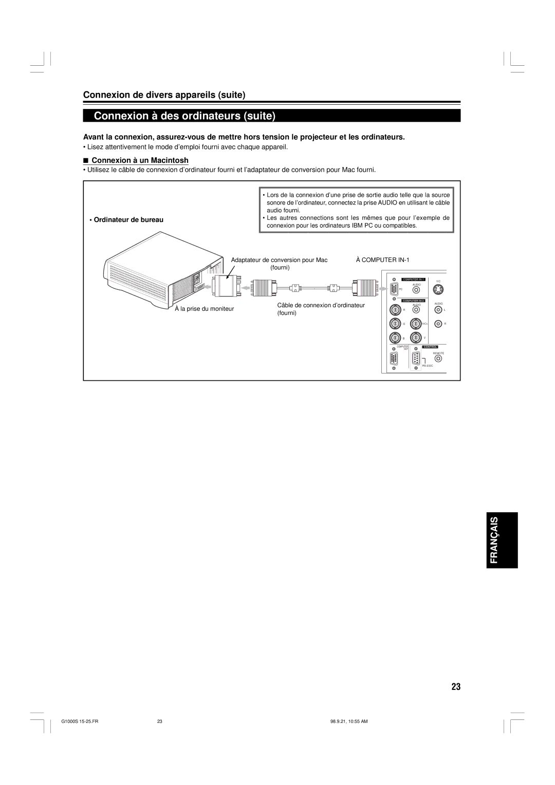 JVC G1000S manual Connexion à des ordinateurs suite, Connexion à un Macintosh 