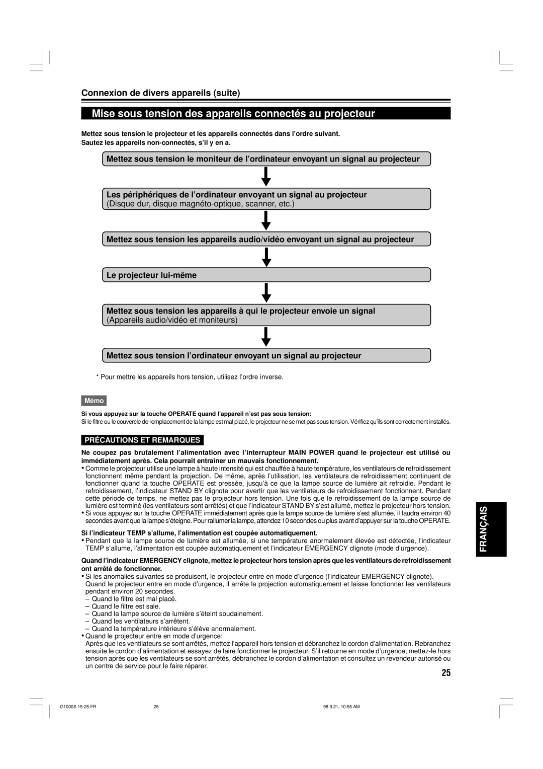 JVC G1000S manual Mise sous tension des appareils connectés au projecteur, Précautions ET Remarques 