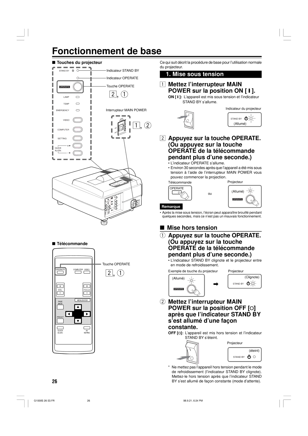 JVC G1000S manual Fonctionnement de base, Mise sous tension, Mise hors tension, Touches du projecteur, Télécommande 