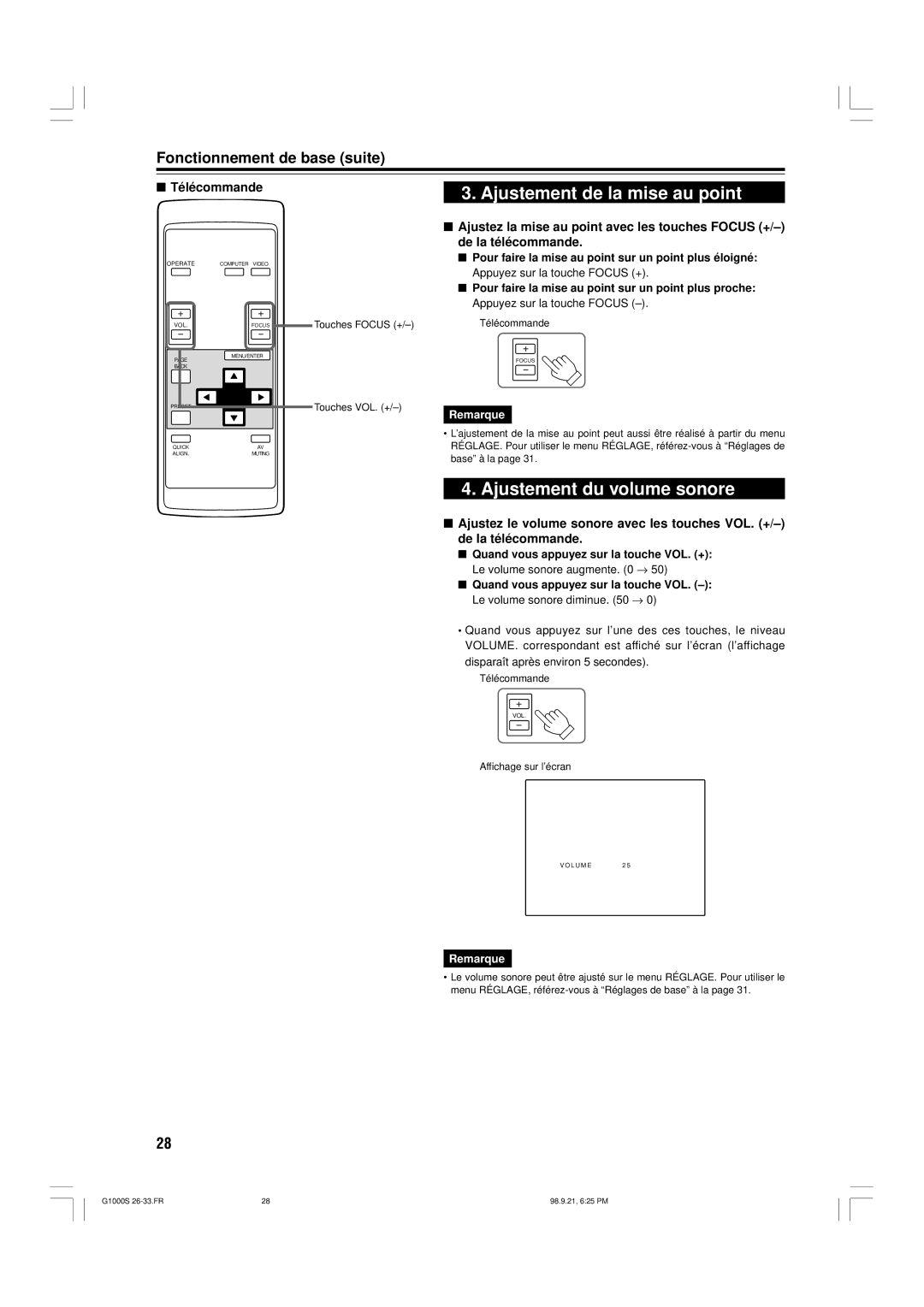 JVC G1000S manual Ajustement de la mise au point, Ajustement du volume sonore, Touches Focus + Touches VOL. + 