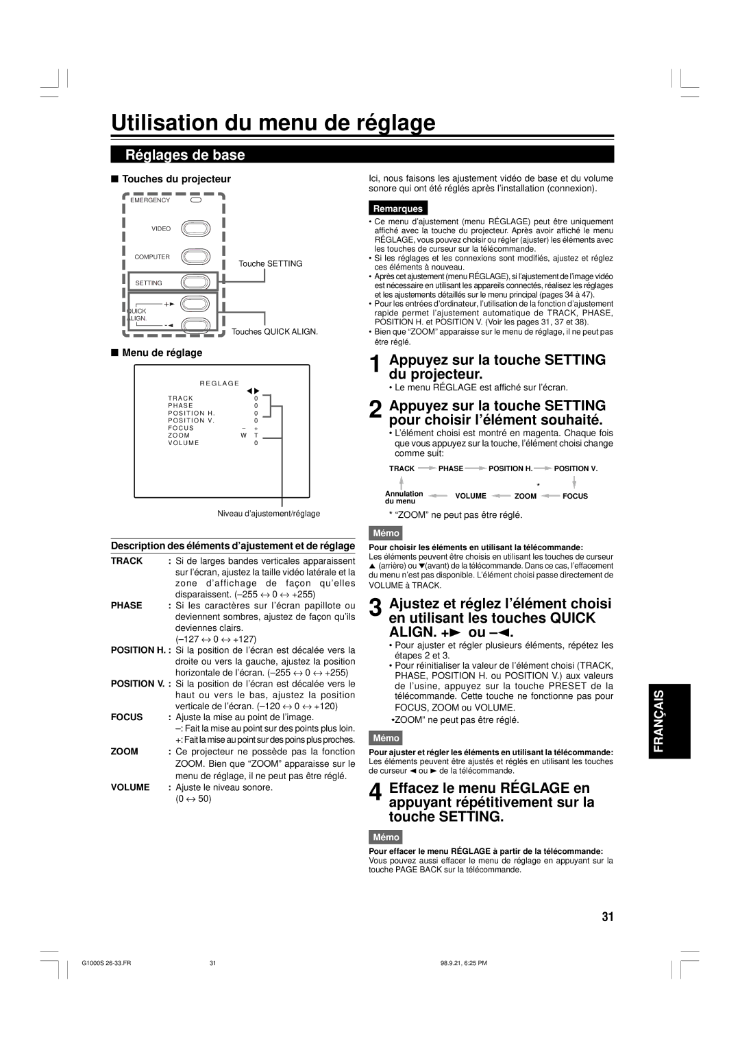 JVC G1000S Utilisation du menu de réglage, Réglages de base, Appuyez sur la touche Setting du projecteur, Menu de réglage 