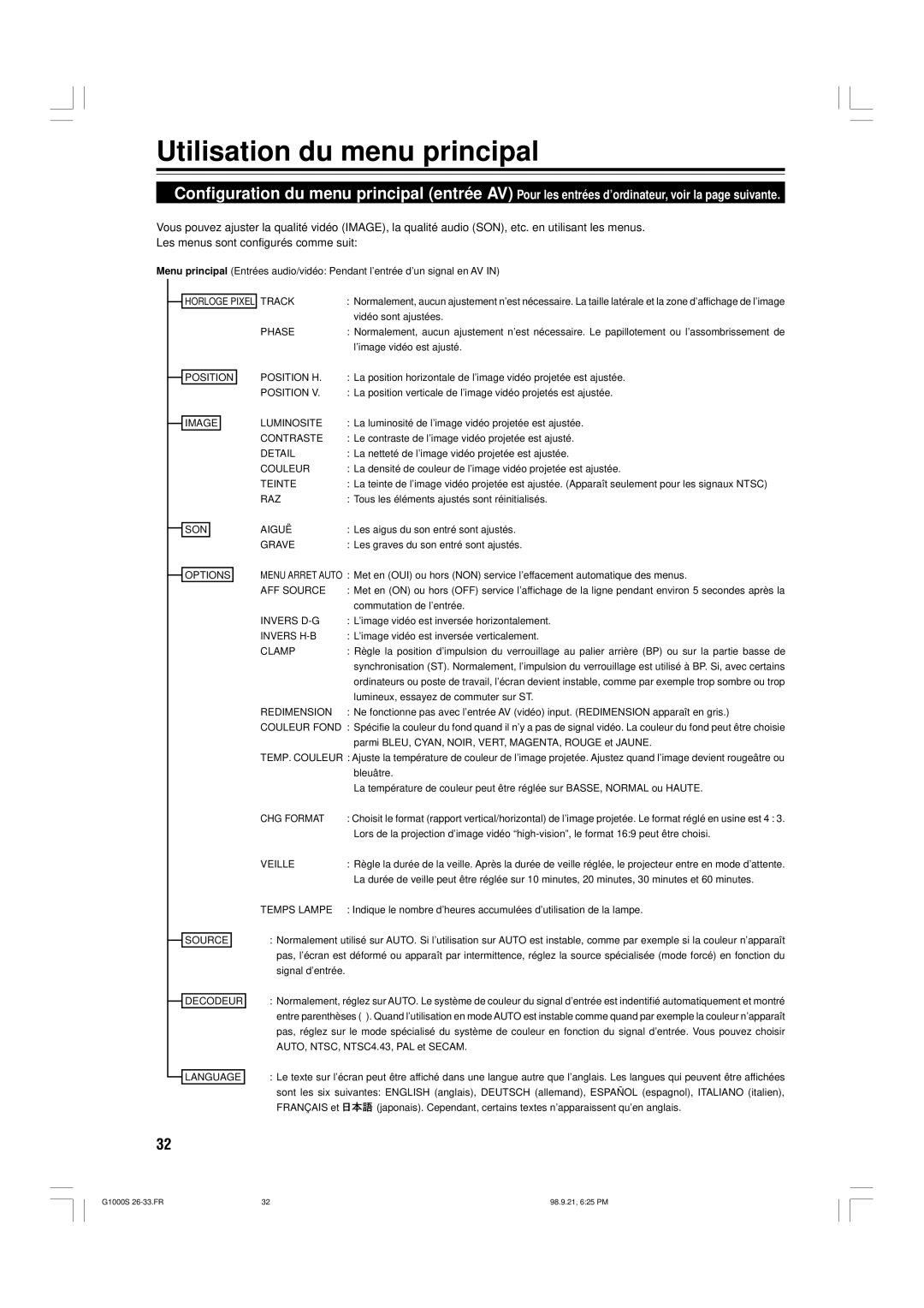 JVC G1000S manual Utilisation du menu principal 