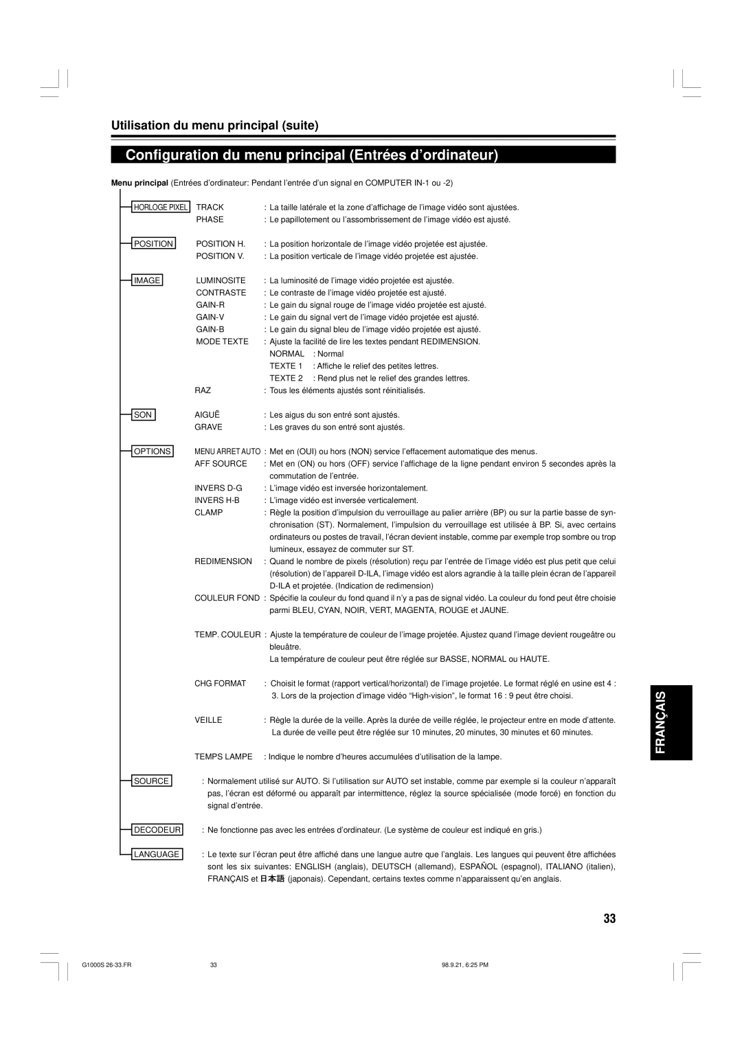 JVC G1000S manual Configuration du menu principal Entrées d’ordinateur, Utilisation du menu principal suite 